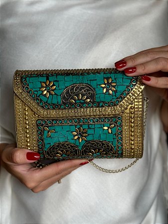 Bolsa Clutch em Metal  - Turquesa e Dourado - Com Alça