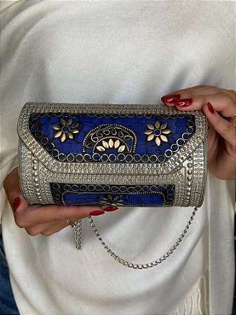 Bolsa Clutch em Metal - Azul e Prata - Com Alça