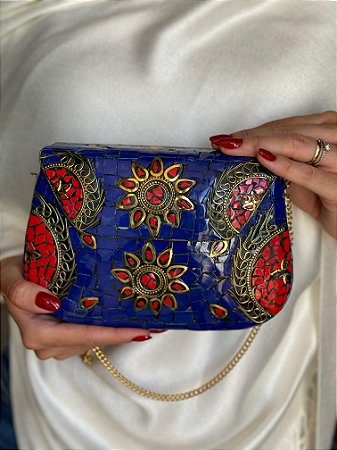 Bolsa Clutch em Metal - Azul, Vermelho e Dourado- Com Alça