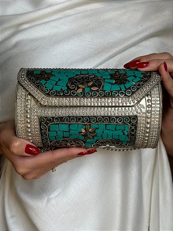 Bolsa Clutch em Metal  - Turquesa e Prata - Com Alça