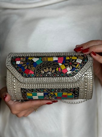 Bolsa Clutch em Metal - Colorida e Prata - Com Alça