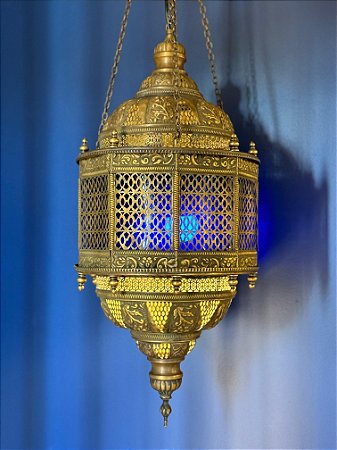 Luminária Marroquina de Teto Metal Ouro Velho Luz Azul