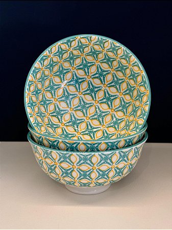 Bowl - Cerâmica - Turquesa e Amarelo - Tamanho Médio