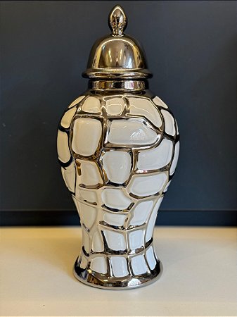 Potiche - Branco e Prata - Relevo - Ceramica - 40cm
