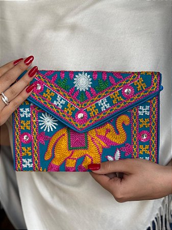 Bolsa Clutch - Tecido - Bordado - Elefante - Azul e Colorido