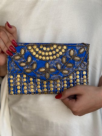 Bolsa Clutch - Bordado - Miçangas - Azul e Dourado