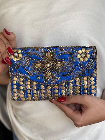 Bolsa Clutch - Bordado - Miçangas - Azul e Dourado