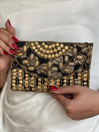 Bolsa Clutch - Bordado - Miçangas - Preto e Dourado