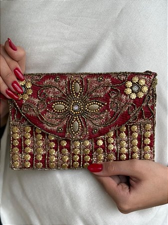 Bolsa Clutch - Bordado - Miçangas - Vermelho e Dourado