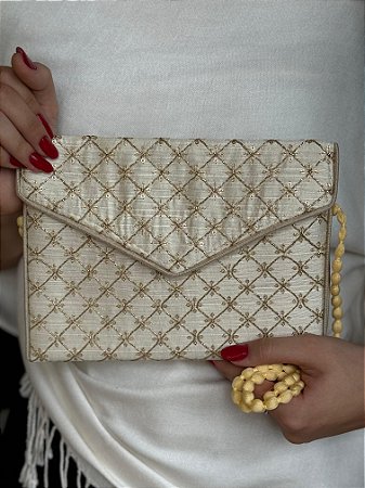 Bolsa Clutch - Bordado - Off White e Dourado