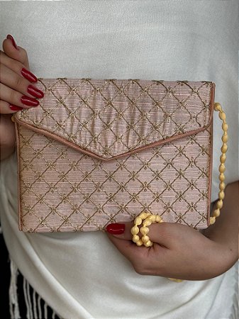 Bolsa Clutch - Bordado - Rosa Claro e Dourado