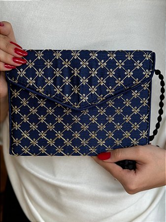 Bolsa Clutch - Bordado - Azul Marinho e Dourado