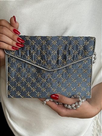 Bolsa Clutch - Bordado - Cinza e Dourado