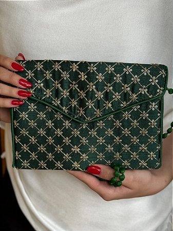 Bolsa Clutch - Bordado - Verde e Dourado