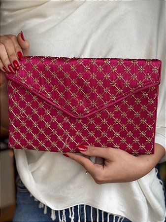 Bolsa Clutch - Tecido - Bordado - Rosa e Dourado