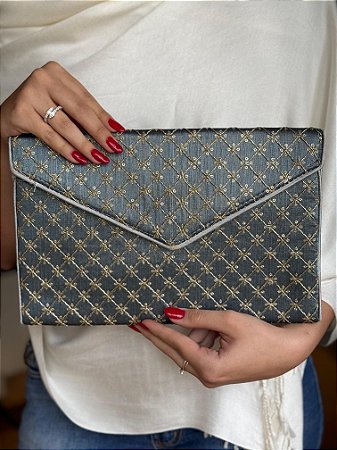 Bolsa Clutch - Tecido - Bordado - Cinza e Dourado