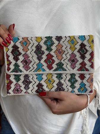 Bolsa Clutch - Bordado - Miçangas - Colorida
