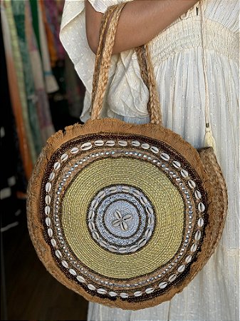 Bolsa Praia - Bordada - Com Miçangas - Marrom e Bege