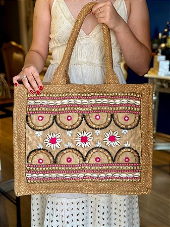 Bolsa Praia - Bordada - Com Miçangas - Rosa