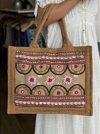 Bolsa Praia - Bordada - Com Miçangas - Rosa