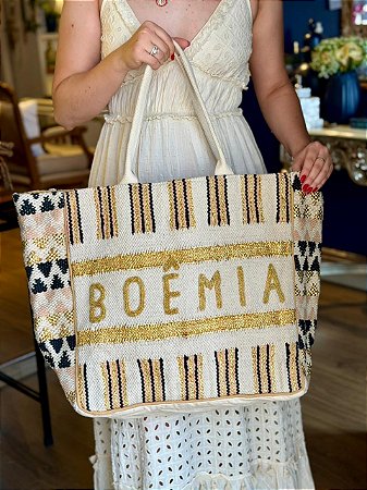 Bolsa Praia - Bordada - Com Miçangas - Boêmia - Bege
