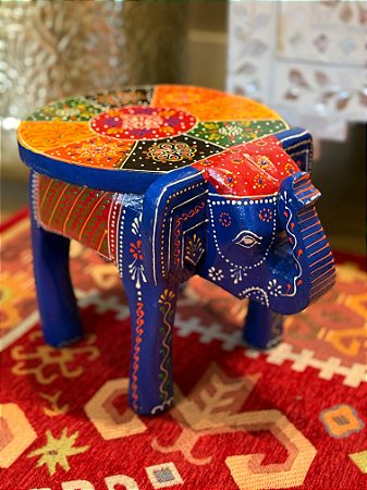 Banqueta - Elefante - Madeira - Pintado à mão - Azul e Colorido - Pequeno