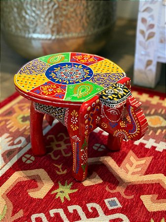 Banqueta - Elefante - Madeira - Pintado à mão - Vermelho e Colorido - Pequenino