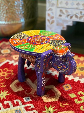 Banqueta - Elefante - Madeira - Pintado à mão - Roxo e Colorido - 16cm