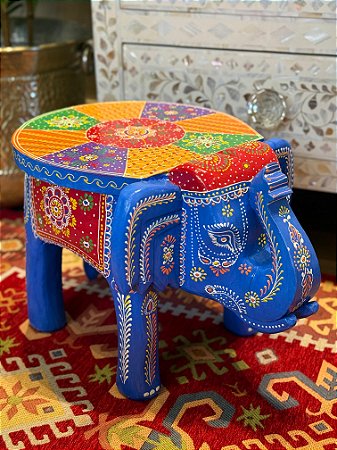 Banqueta - Elefante - Madeira - Grande - Pintado à Mão - Azul e Colorido