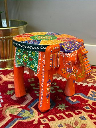 Banqueta - Elefante - Madeira - Pintado à Mão - Laranja e Colorido - Pequeno