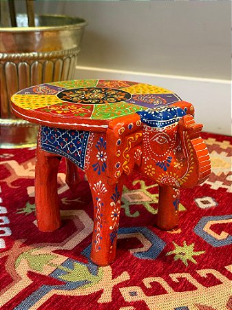 Banqueta - Elefante - Madeira - Pintado à Mão - Laranja e Colorido - Pequenino