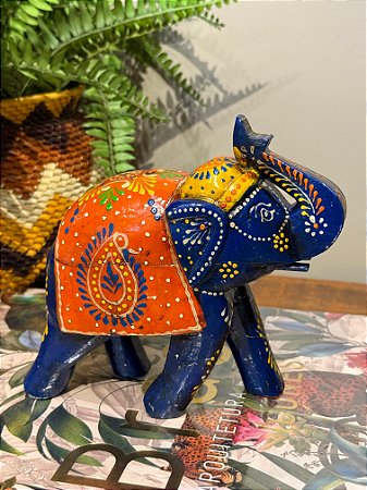 Elefante - Madeira - Pintado à mão - Azul e Colorido - 17CM