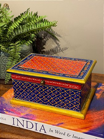 Caixa Decorativa - Porta Joias - Madeira - Pintado á Mão - Azul, Vermelho e Amarelo - M