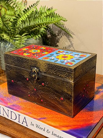 Caixa Decorativa - Porta Joias - Madeira - Pintado á Mão - Marrom e Colorido