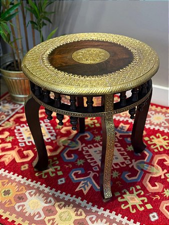 Mesa - Madeira - Marchetado em Metal -  Marrom e Dourado