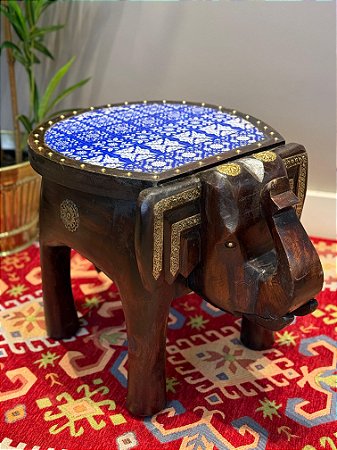 Banqueta - Elefante - Madeira e Azulejo - Aplique em Metal - Azul - GG