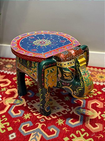 Banqueta - Elefante - Madeira - Pintado à Mão - Verde e Colorido - Grande
