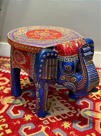 Banqueta - Elefante - Madeira - Pintado à Mão - Azul e Colorido - Grande