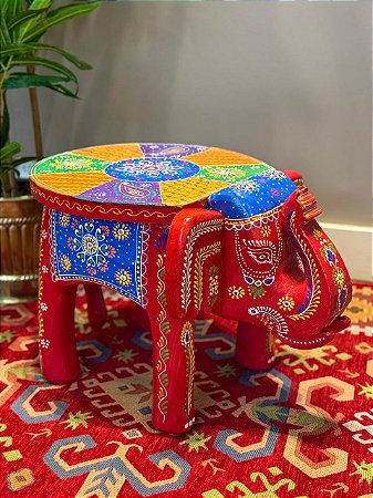 Banqueta - Elefante - Madeira - Pintado à Mão - Vermelho e Colorido - 30cm