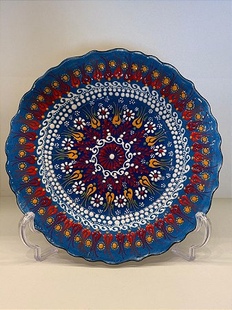 Prato de Parede Medio - Turquia - Decorativo - Cerâmica - Alto Relevo - Azul