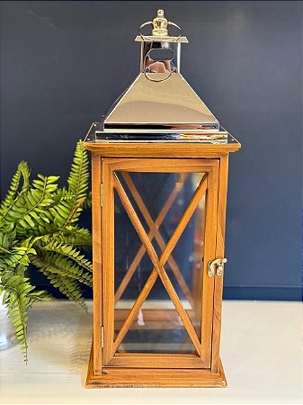 Lanterna - Madeira e Metal - Prata - 57CM