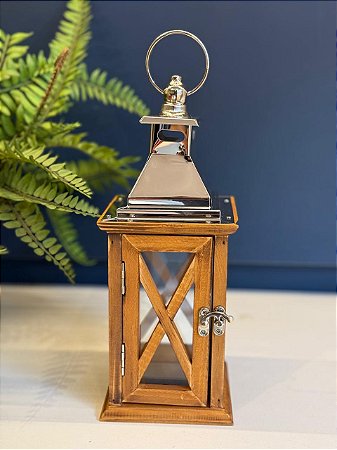 Lanterna - Madeira e Metal - Prata - 26CM