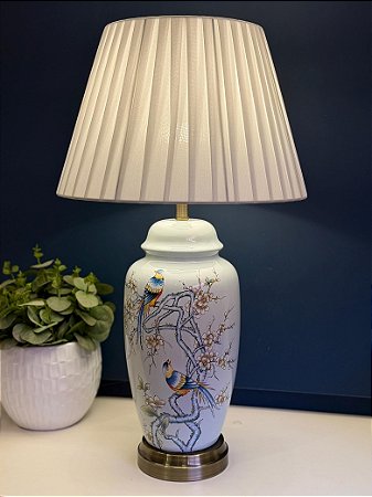 Abajur - Cerâmica - Pássaros e Flores - Azul Claro com Cúpula