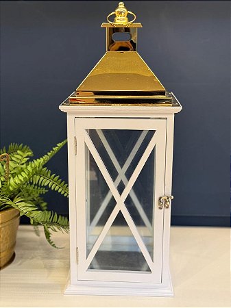 Lanterna - Madeira e Metal - Branco e Dourado - 57,5CM
