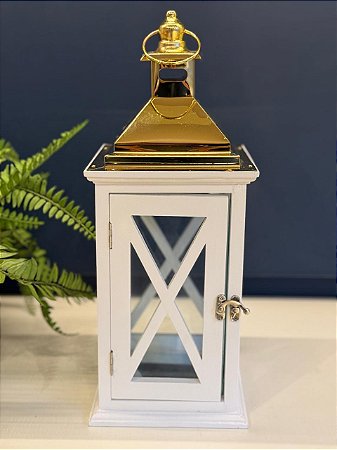 Lanterna - Madeira e Metal - Branco e Dourado - 40,5CM