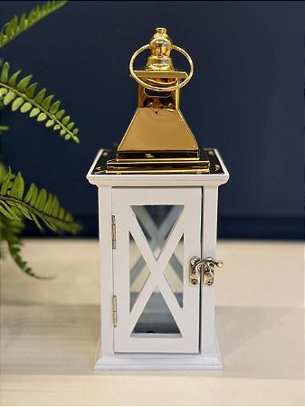 Lanterna - Madeira e Metal - Branco e Dourado - 25,5CM