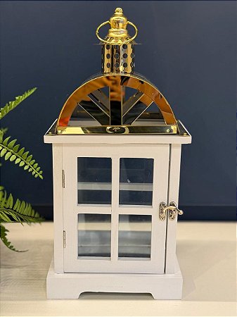 Lanterna - Madeira e Metal - Branco e Dourado - 40CM