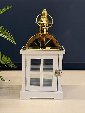 Lanterna - Madeira e Metal - Branco e Dourado - 26,5CM