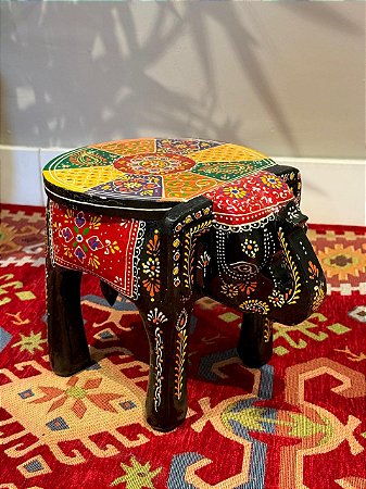Banqueta - Elefante - Madeira - Pintado à mão - Colorido - Pequeno