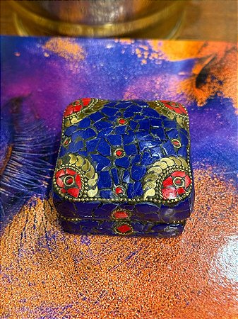 Porta Joias - Metal - Feito à mão - Azul, Dourado e Vermelho - G